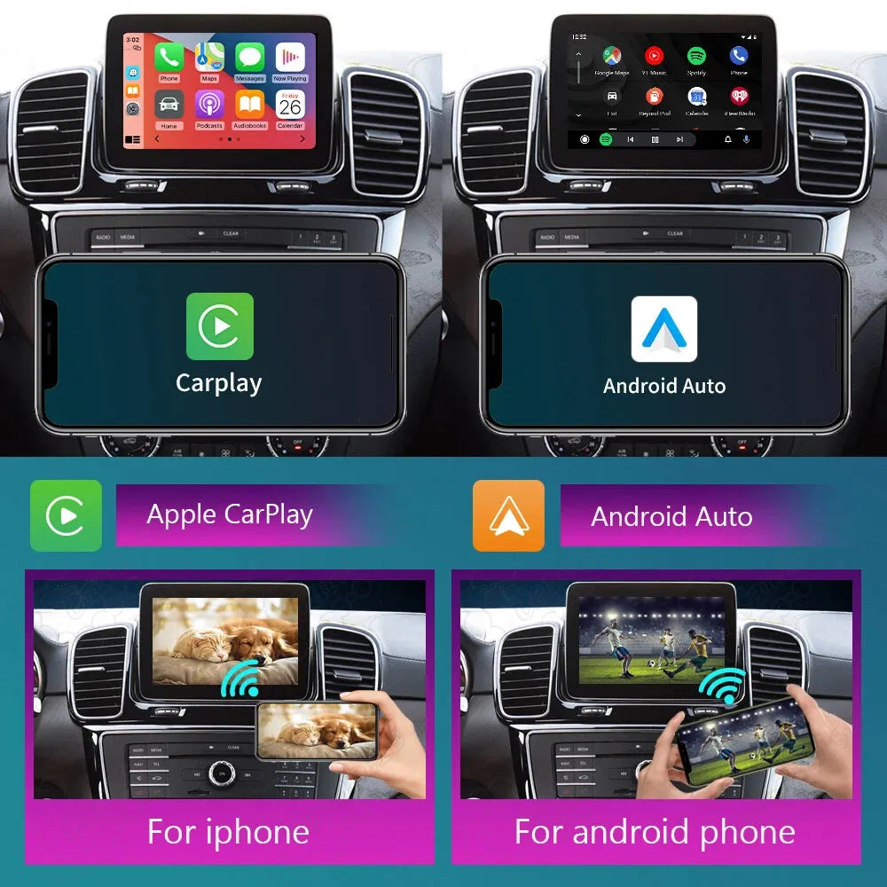 Demonstration of smartphone screen mirroring for iPhone AirPlay and Android Auto link playing videos on the car display.