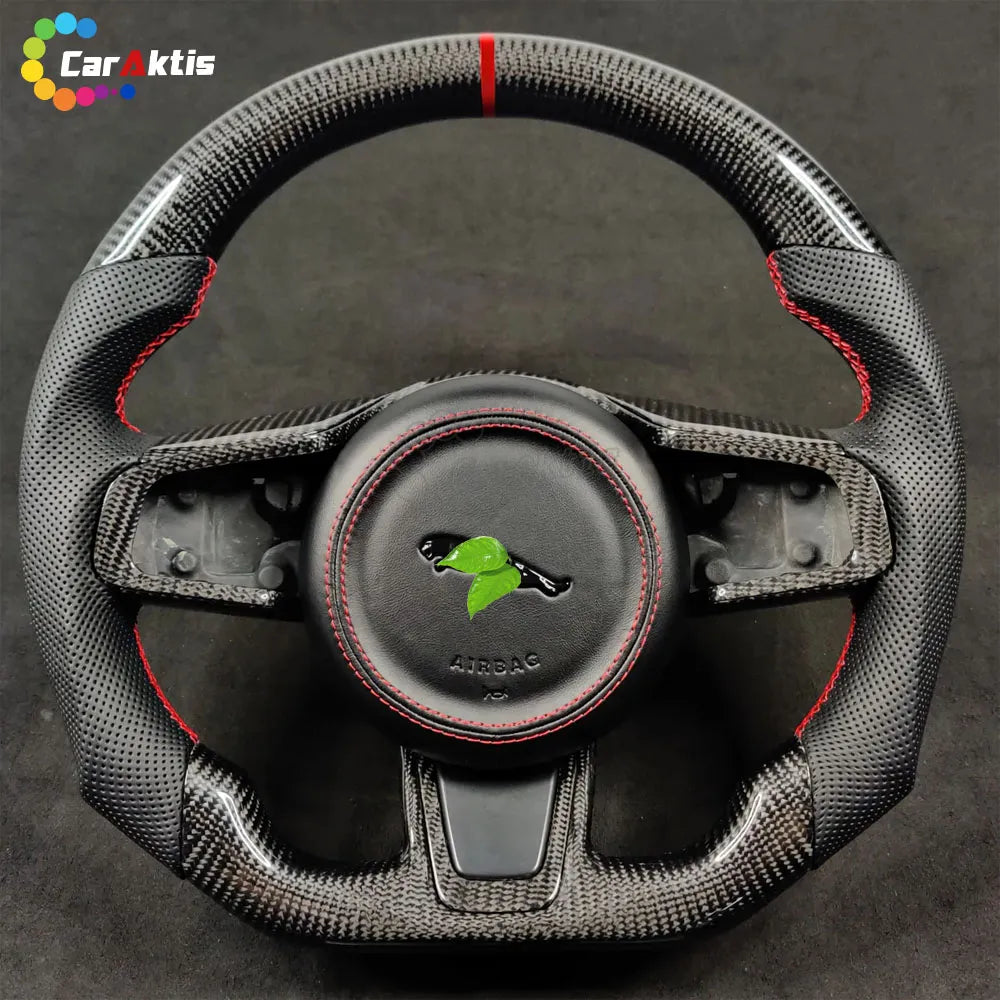 Custom Carbon Fiber Steering Wheel for the 2014–2025 Jaguar F-Type and F-Pace, featuring classic 3K twill weave and a glossy finish.