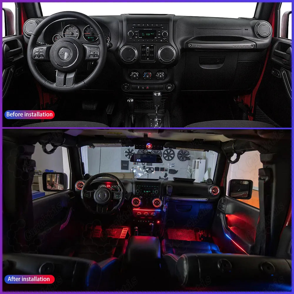 Before and after comparison split image showing a dark factory 2011-2017 Jeep interior vs a vibrant multi-color upgraded custom ambient lighting setup.