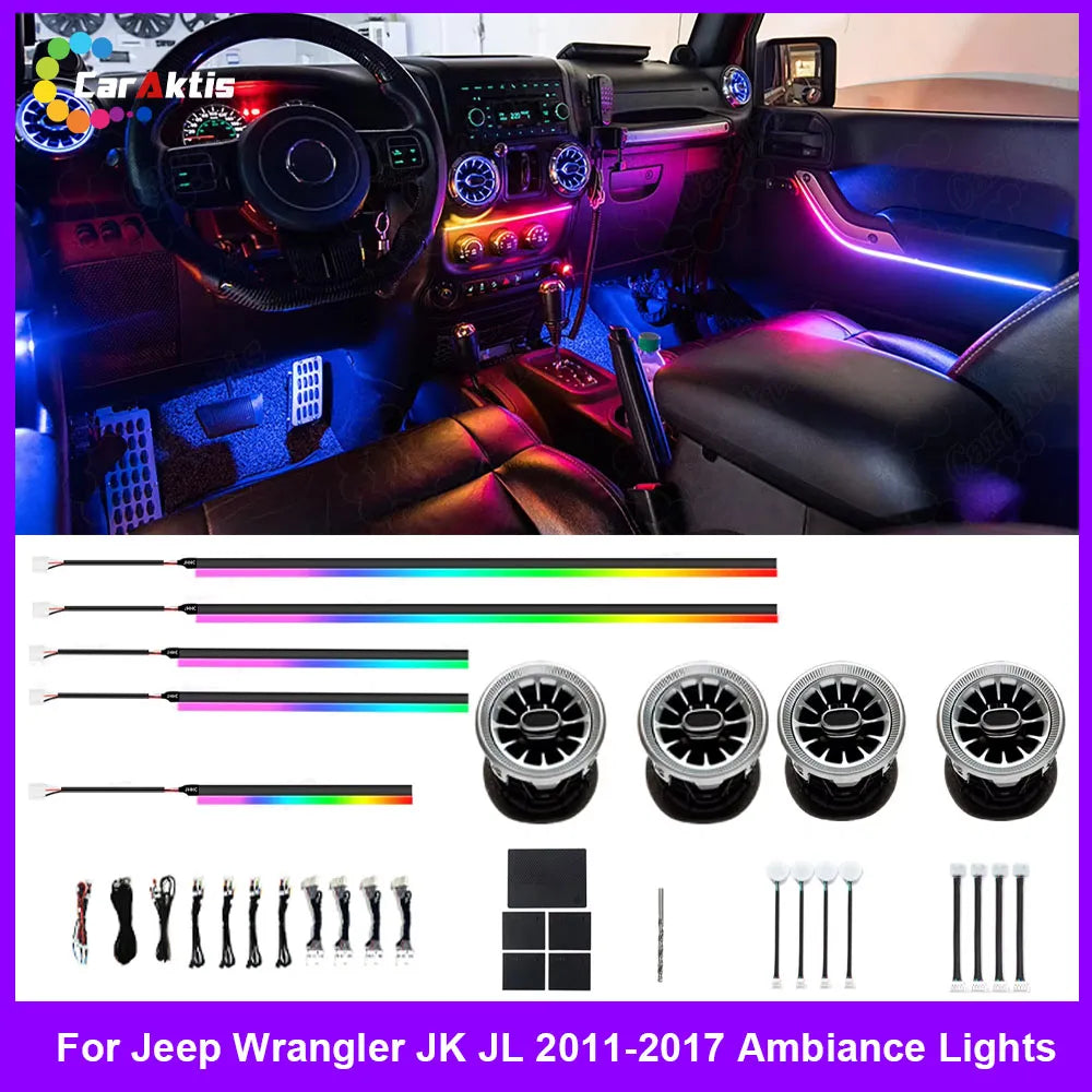Main product showcase of a premium custom ambient lighting kit illuminated inside a 2011-2017 Jeep cabin at night.