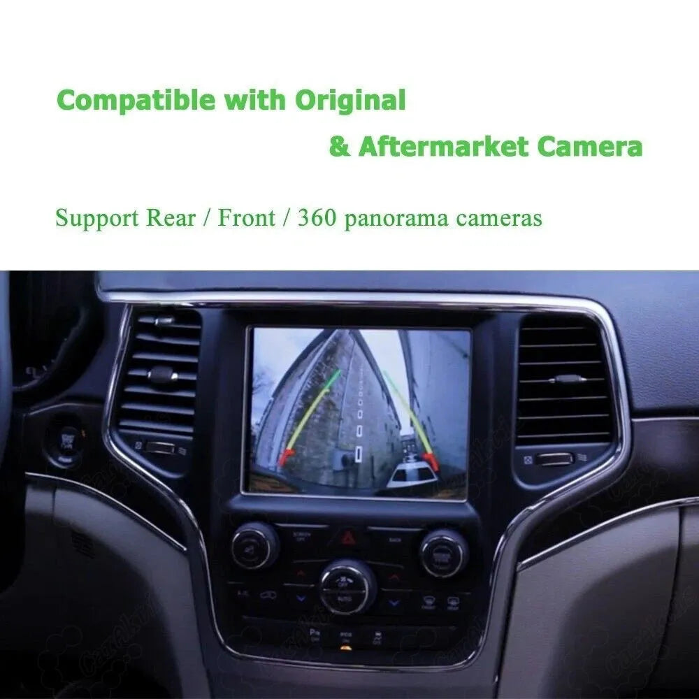 Jeep backup camera view displayed on the uConnect screen, showing compatibility with original and aftermarket front, rear, and 360 panorama cameras.