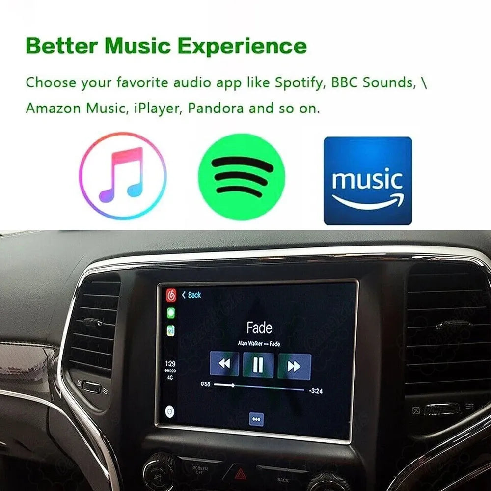 Music playback screen on Jeep uConnect displaying track info, supporting audio apps like Spotify, Apple Music, and Amazon Music.