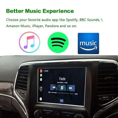 Music playback screen on Jeep uConnect displaying track info, supporting audio apps like Spotify, Apple Music, and Amazon Music.