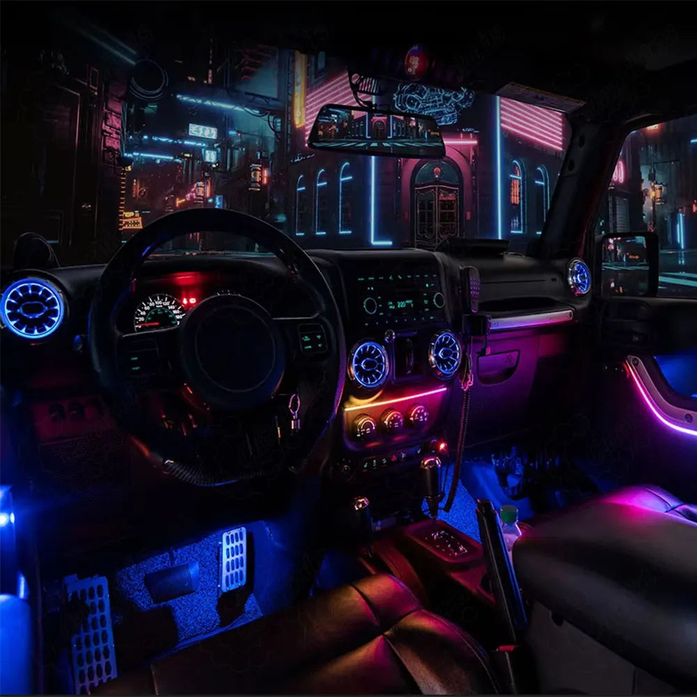 Complete premium ambient lighting kit showcase inside a Jeep cabin, displaying vibrant custom multi-color Turbine vents and door lights.