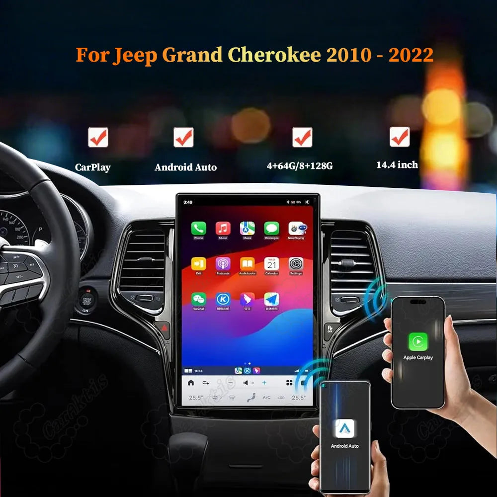 14.4-inch Tesla style vertical screen car stereo with wireless Apple CarPlay for Jeep Grand Cherokee 2010-2022