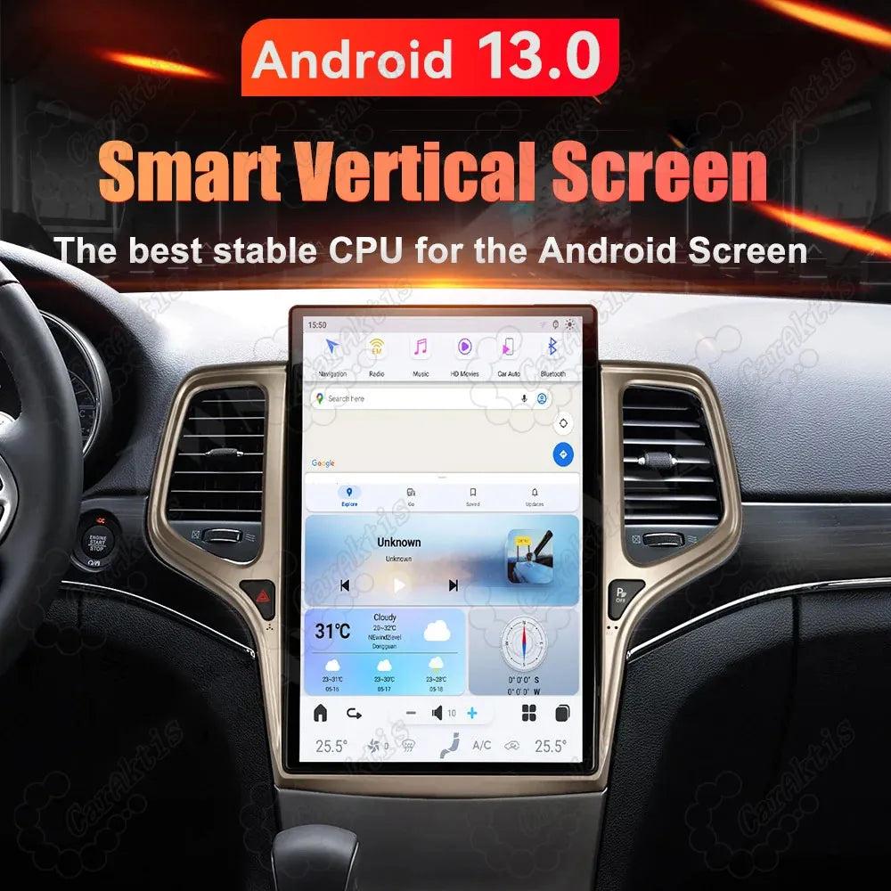 Android 13 smart vertical touchscreen head unit fitted on Jeep Grand Cherokee dashboard