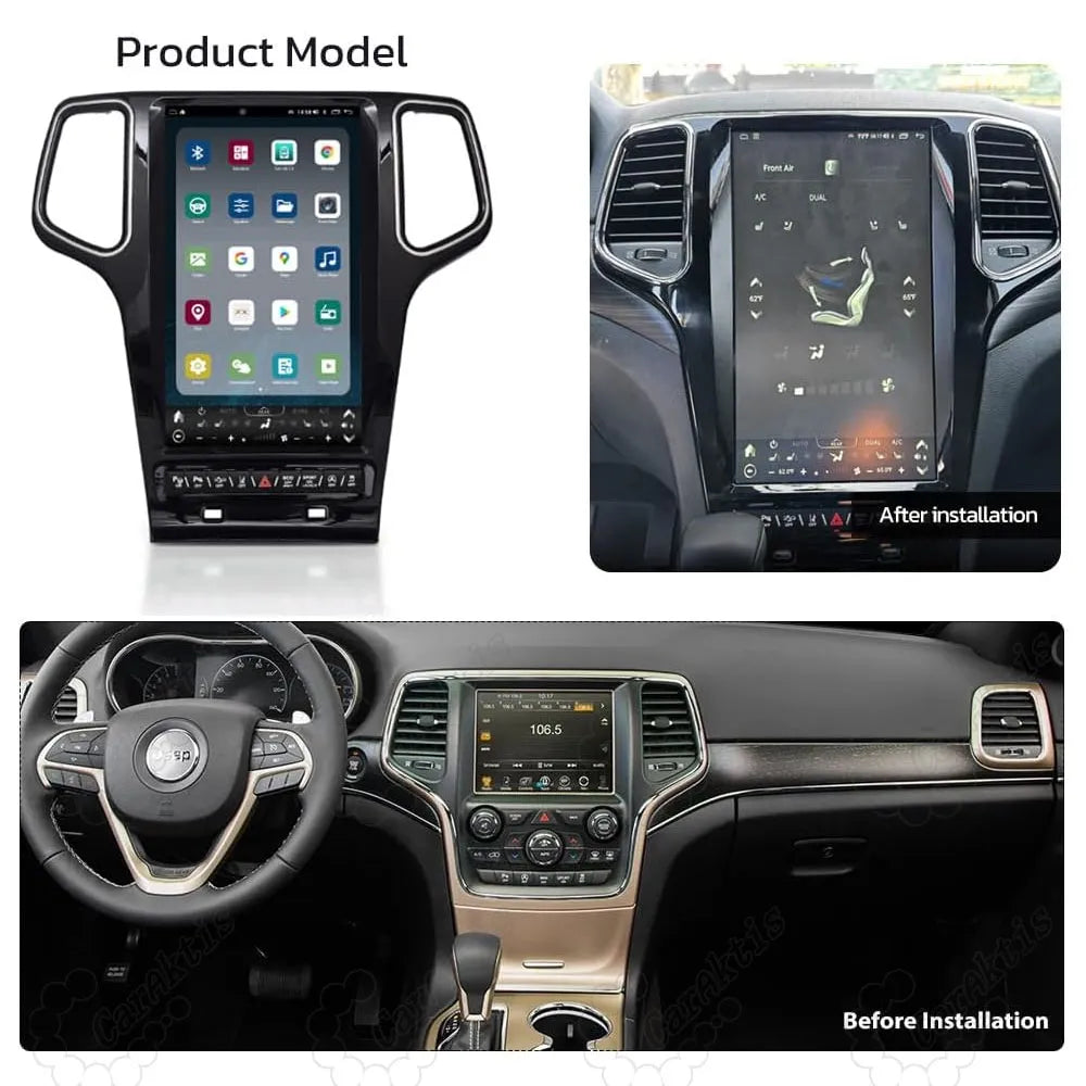 Before and after installation comparison of 13.6 inch Android stereo screen in Jeep Grand Cherokee dashboard.