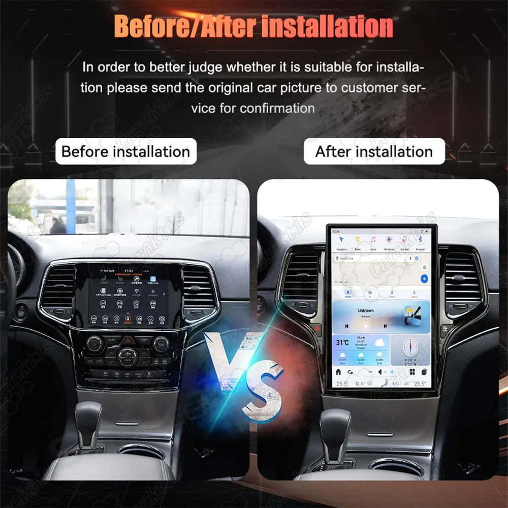 Before and after installation comparison of factory radio versus vertical Android screen upgrade for Jeep Grand Cherokee
