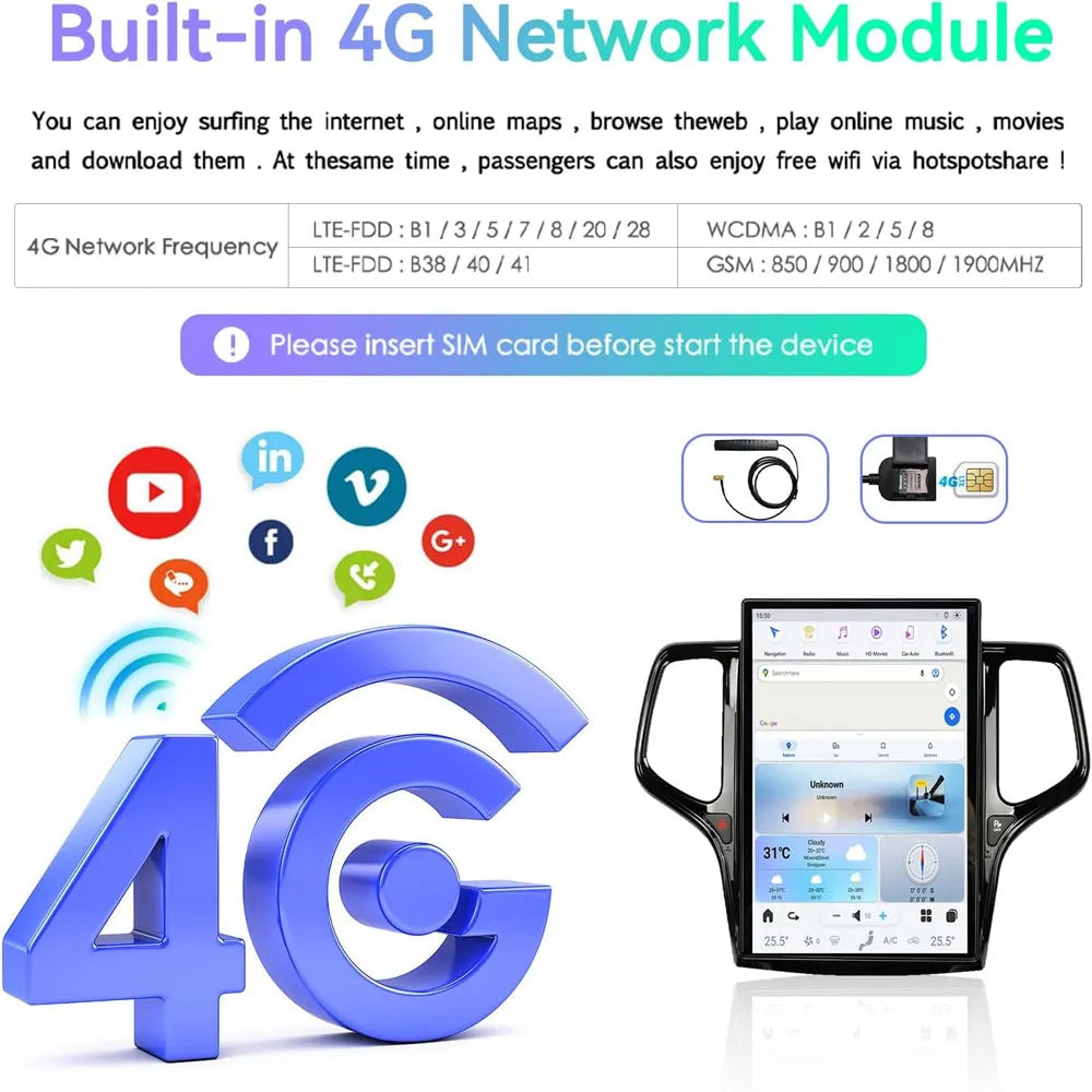 Built-in 4G LTE network module with SIM card slot for Jeep Grand Cherokee vertical Android stereo