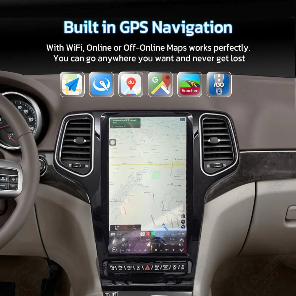 Built-in GPS navigation system on full screen display supporting online and offline maps for Jeep Grand Cherokee.