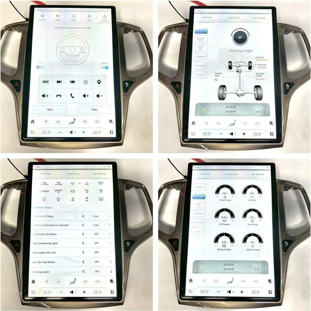 Integrated vehicle settings screen displaying steering wheel control learning and off-road info for Jeep Grand Cherokee