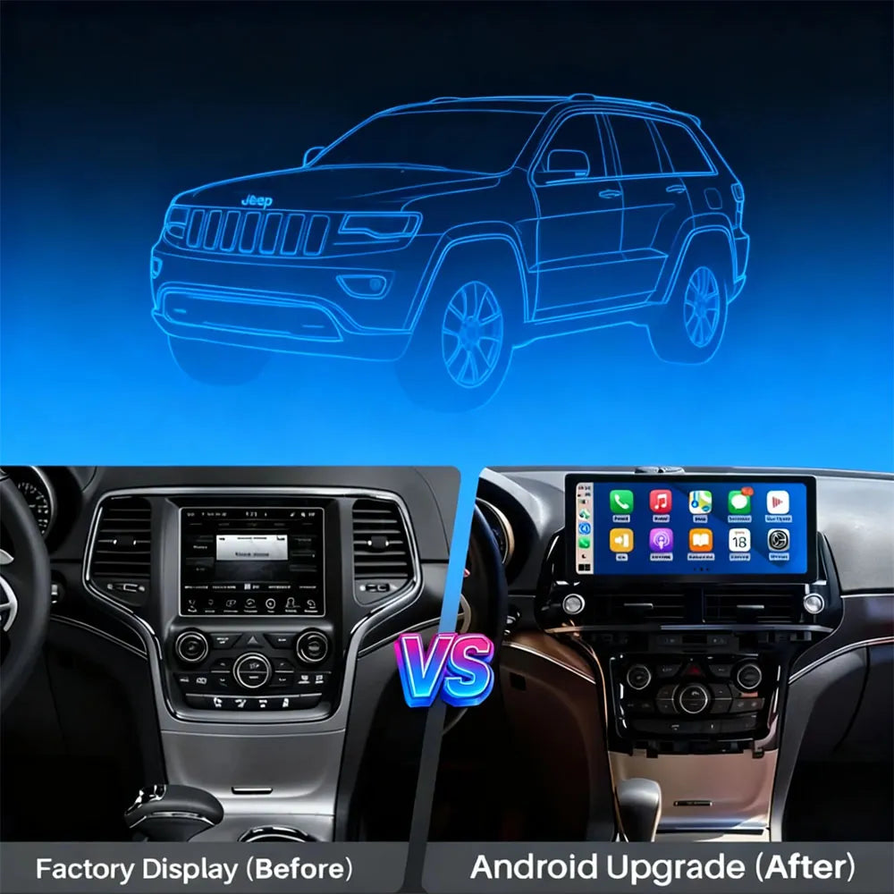 Before and after comparison of factory display versus 12.3 inch Android screen upgrade for Jeep Grand Cherokee
