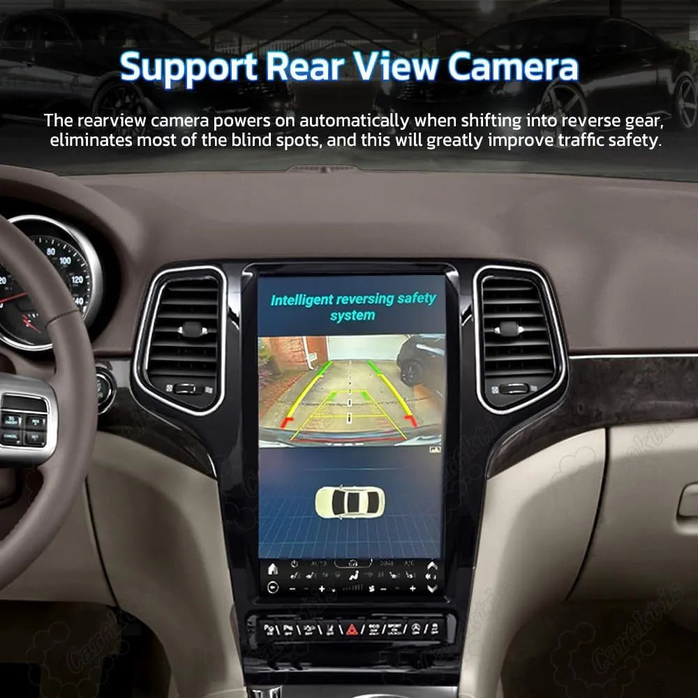 Intelligent reversing safety system with rear view camera display on Jeep Grand Cherokee touchscreen.