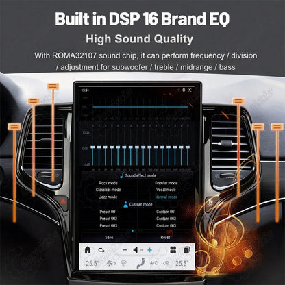 Built-in DSP 16-band EQ sound settings interface on Jeep Grand Cherokee vertical Android radio