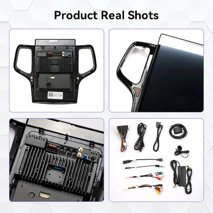 Real product shots showing back panel, frame details, and plug-and-play wiring harness accessories for Jeep Grand Cherokee