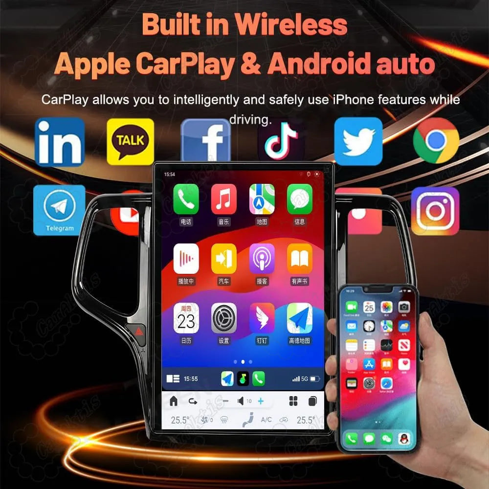 Wireless Apple CarPlay and Android Auto smartphone integration on Jeep Grand Cherokee vertical display