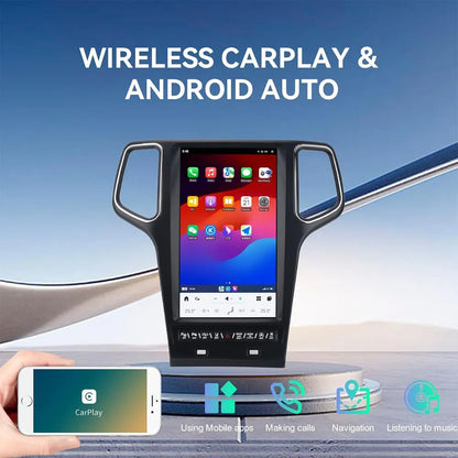 13.6 inch vertical touchscreen stereo displaying Wireless CarPlay and Android Auto menu with smartphone connected.