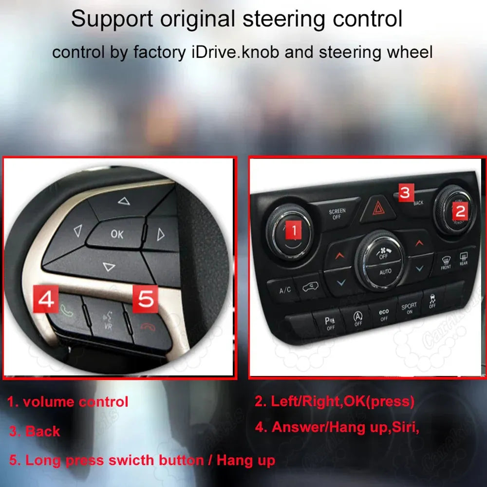 Diagram showing original Jeep steering wheel buttons and center console knobs compatibility for volume, navigation, and answering calls.