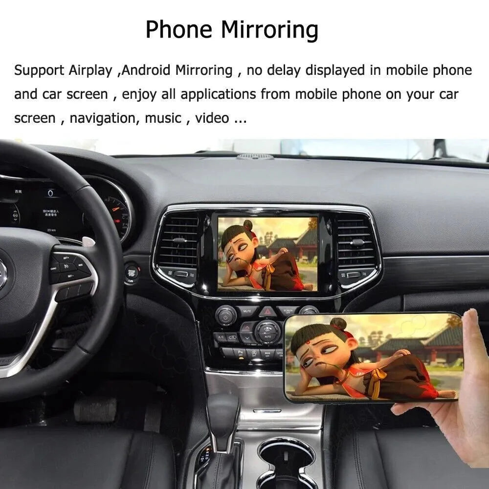 Smartphone screen mirroring via Airplay and Android Mirroring displayed seamlessly on the Jeep 8.4-inch dashboard screen playing a video.