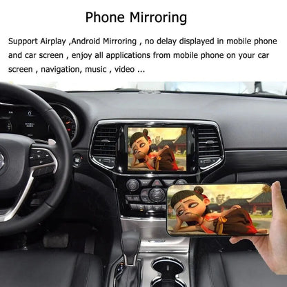 Smartphone screen mirroring via Airplay and Android Mirroring displayed seamlessly on the Jeep 8.4-inch dashboard screen playing a video.