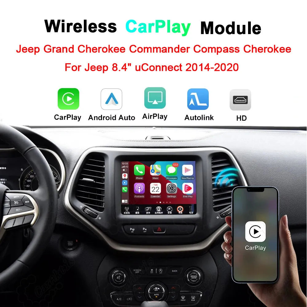 Wireless CarPlay and Android Auto Upgrade Module interface shown on Jeep Grand Cherokee 8.4-inch uConnect dashboard screen with smartphone.