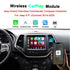 Wireless CarPlay and Android Auto Upgrade Module interface shown on Jeep Grand Cherokee 8.4-inch uConnect dashboard screen with smartphone.