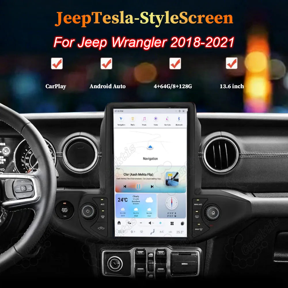 13.6 inch Tesla style vertical touchscreen stereo installed in Jeep Wrangler 2018-2021 dashboard.