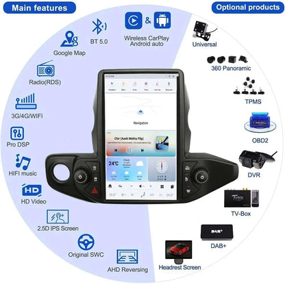 Main features and optional accessories including 360 panoramic camera, OBD2, TPMS, and DVR for Jeep stereo.