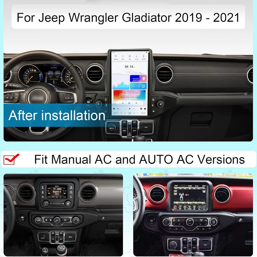 Before and after installation comparison of Android head unit for Jeep Wrangler and Gladiator 2019-2021.