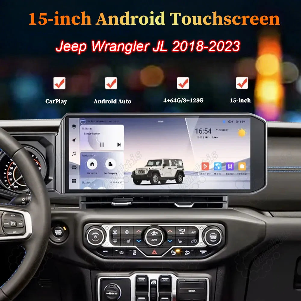 15-inch Android touchscreen car multimedia player installed in Jeep Wrangler JL 2018-2023 dashboard.