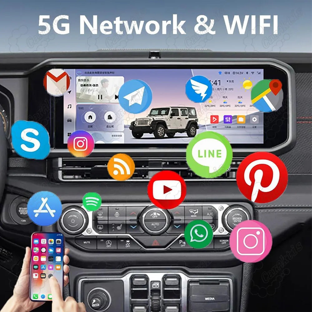 15-inch Jeep Wrangler JL head unit display showing 5G network, Wi-Fi connectivity, and social media apps.