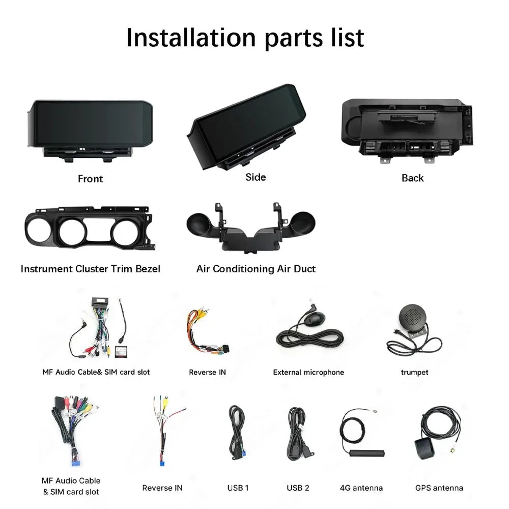 Complete installation kit and wiring package for Jeep Wrangler JL 15-inch Android head unit upgrade.