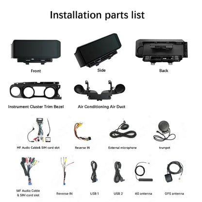 Complete installation kit and wiring package for Jeep Wrangler JL 15-inch Android head unit upgrade.
