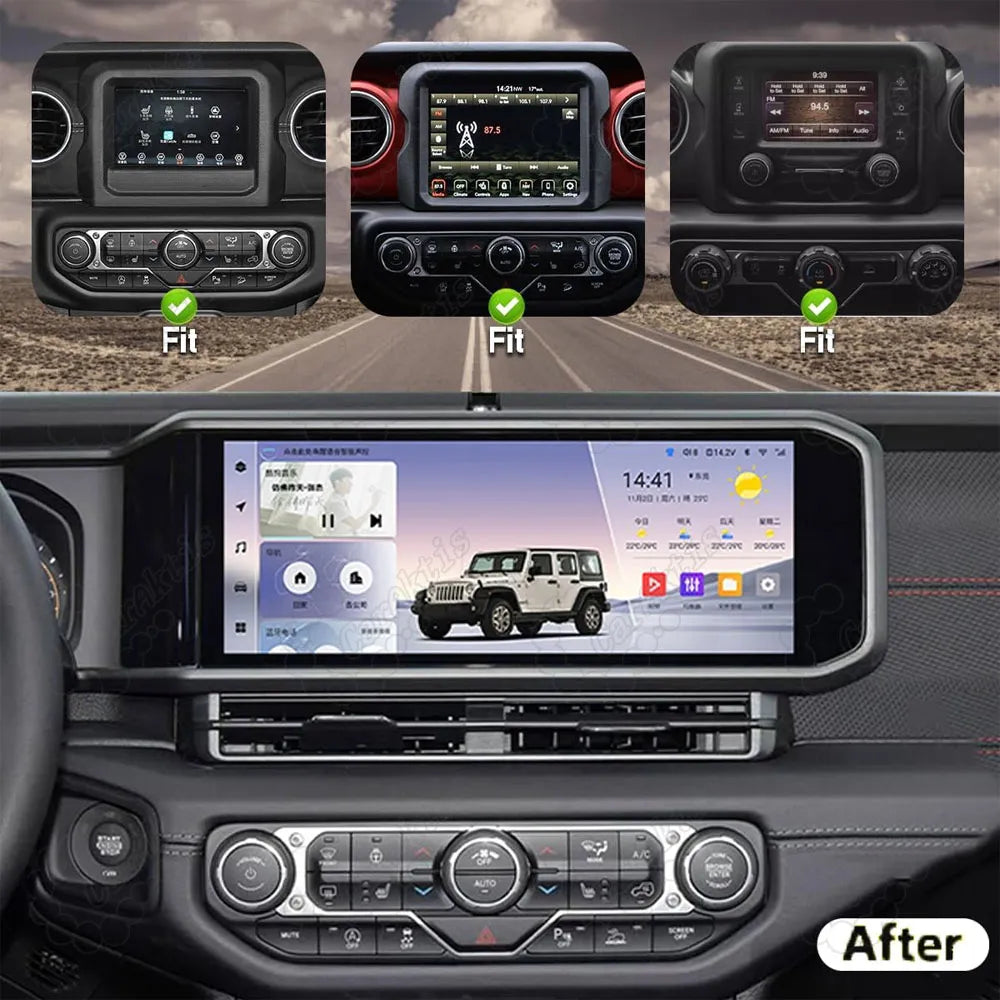 Dash compatibility guide showing fitment for various Jeep Wrangler JL factory head units before and after installation.