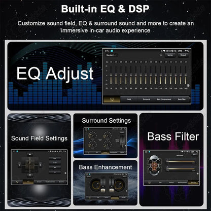 Built-in DSP and graphic equalizer audio adjustment settings on Jeep Wrangler JL Android radio.