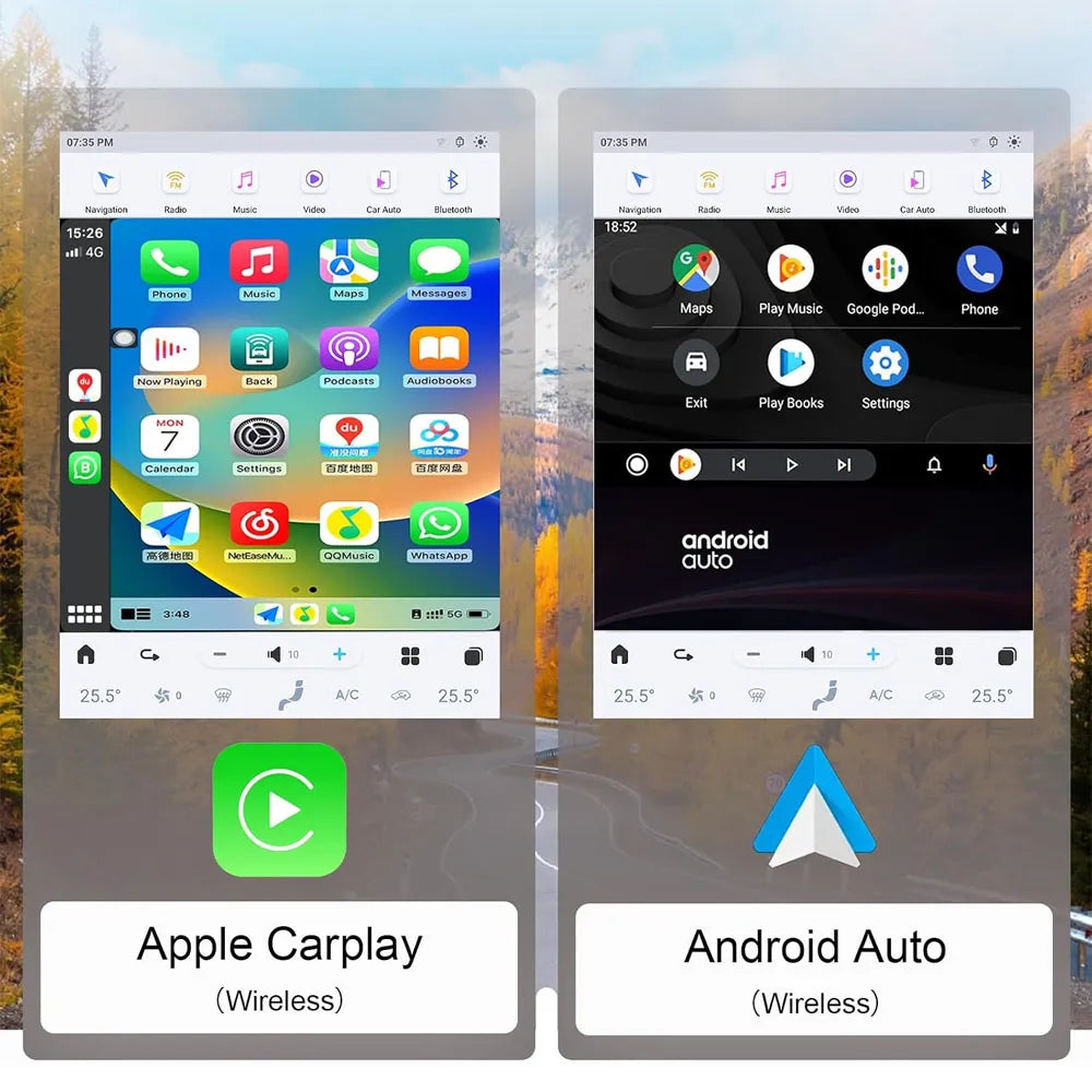 Split view of wireless Apple CarPlay and wireless Android Auto interfaces on Jeep Wrangler touch screen.