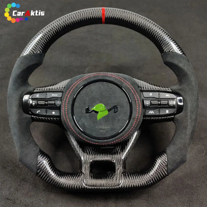 Custom Kia K5 steering wheel handcrafted with premium glossy carbon fiber and high-quality black Alcantara suede grips for ultimate racing feel.