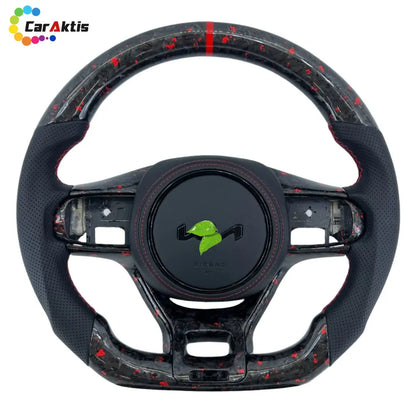 Custom steering wheel for Kia K5 featuring unique red shredded forged carbon fiber, premium black perforated leather, and matching red stitching.