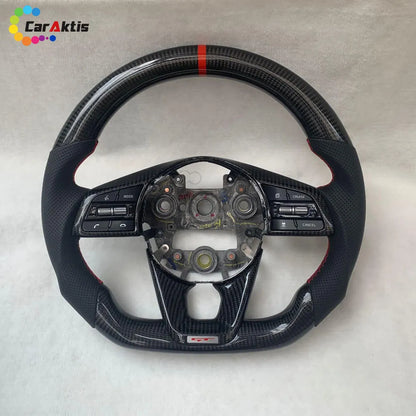 Custom Kia Stinger steering wheel featuring glossy carbon fiber, black perforated leather with red stitching, and a sporty red 12 o&