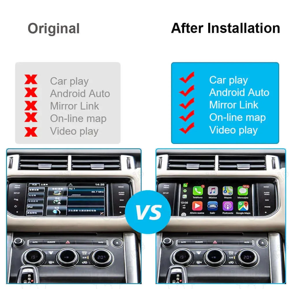 Before and after comparison of original factory screen vs upgraded interface enabling wireless CarPlay, Android Auto, Mirror Link, online maps, and video playback.