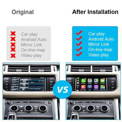 Before and after comparison of original factory screen vs upgraded interface enabling wireless CarPlay, Android Auto, Mirror Link, online maps, and video playback.