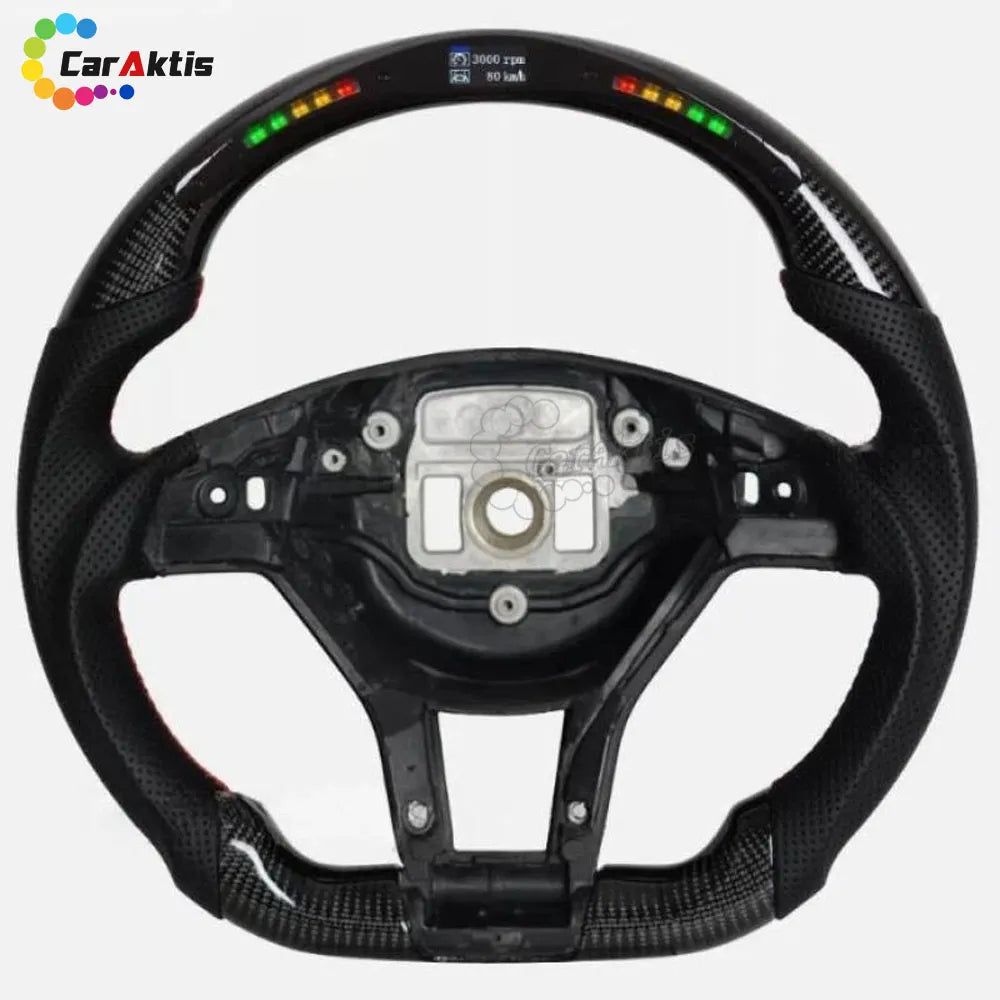 Racing style carbon fiber steering wheel with LED RPM display and perforated leather for Mercedes C-Class.