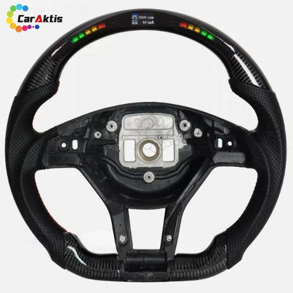 Racing style carbon fiber steering wheel with LED RPM display and perforated leather for Mercedes C-Class.