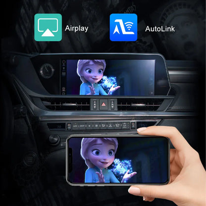 Smartphone screen mirroring feature via AirPlay and AutoLink showing video streaming from an iPhone to the Lexus dashboard screen.
