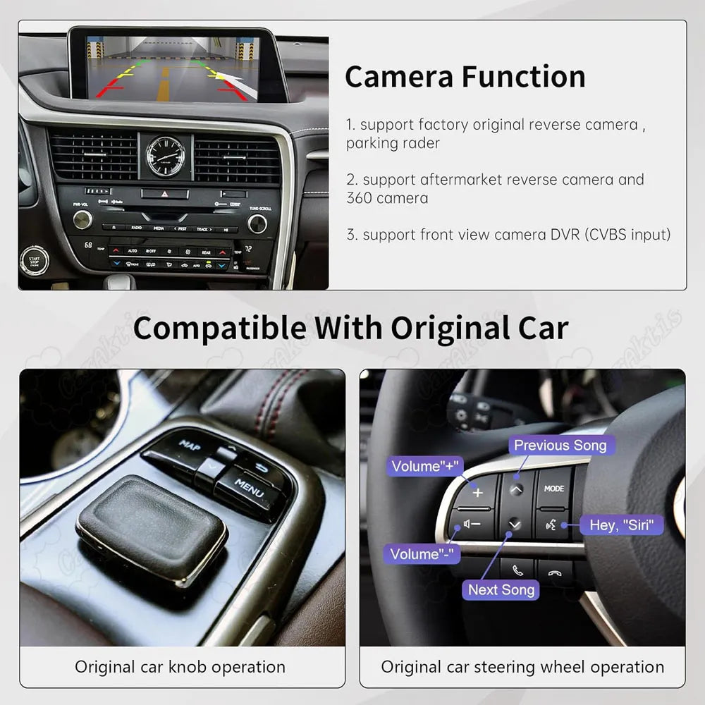 Product features showing compatibility with original Lexus backup camera, parking radar, original center console knob control, and steering wheel buttons.