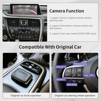 Product features showing compatibility with original Lexus backup camera, parking radar, original center console knob control, and steering wheel buttons.