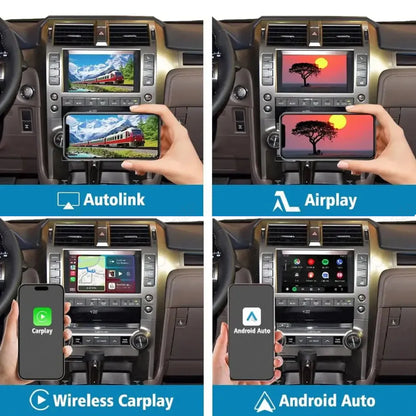 Showcase of connectivity options including Autolink, Apple Airplay screen mirroring, Wireless CarPlay, and Android Auto on a Lexus infotainment system.