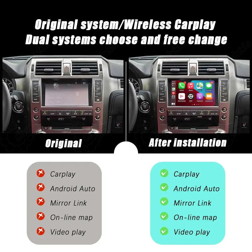 Side-by-side comparison of Lexus factory screen before and after installing the wireless CarPlay module, showing upgraded features like mirror link, online maps, and video playback.