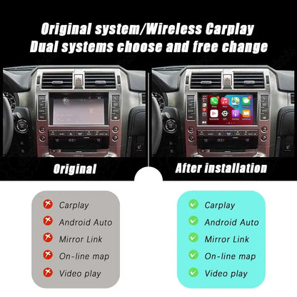 Side-by-side comparison of Lexus factory screen before and after installing the wireless CarPlay module, showing upgraded features like mirror link, online maps, and video playback.