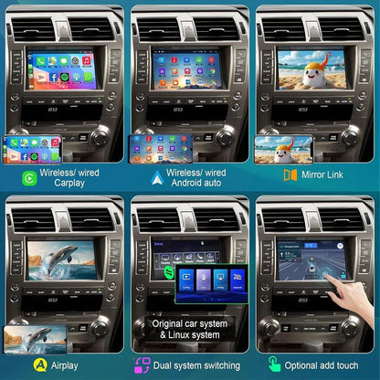 Multi-feature overview of Lexus CarPlay module showing online navigation, backup camera, AirPlay, and Siri.